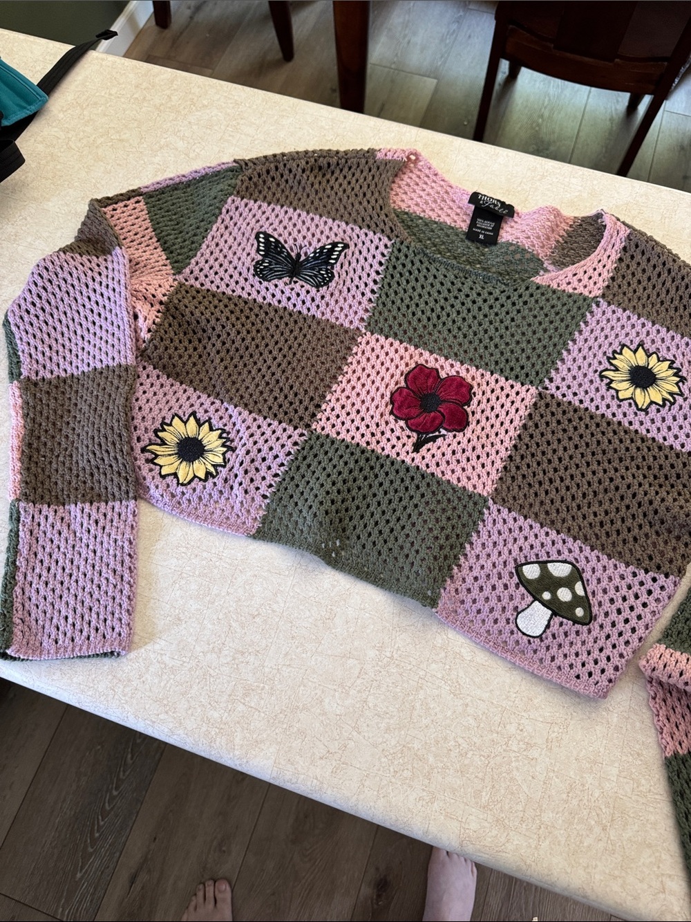 Hot Topic Pink & Olive Crochet Patchwork Sweater with Embroidered Patches